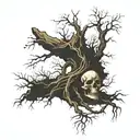 a tattoo of a half-dead tree, whose roots wrap around the body of a skeleton tattoo design idea