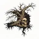 a tattoo of a half-dead tree, whose roots wrap around the body of a skeleton tattoo design idea
