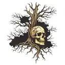 a tattoo of a half-dead tree, whose roots wrap around the body of a skeleton tattoo design idea