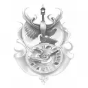 Sure, here's a description of a potential upper arm/bicep tattoo design:  The tattoo features an 1800s London theme with tattoo design idea