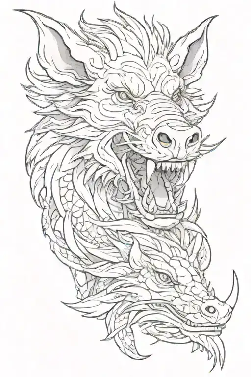 wild boar head and chinese dragon tattoo design idea