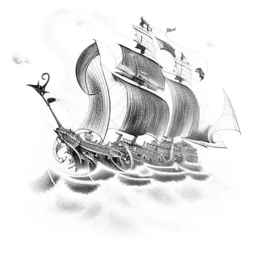 Gladiator ship battling a sea monster in a stormy ocean tattoo design idea