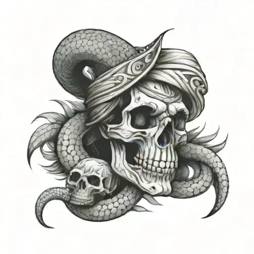 create an illustration of a native Amazonian holding a skull in a wrapped anaconda tattoo design idea