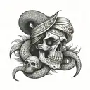 create an illustration of a native Amazonian holding a skull in a wrapped anaconda tattoo design idea