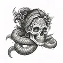 create an illustration of a native Amazonian holding a skull in a wrapped anaconda tattoo design idea