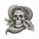 create an illustration of a native Amazonian holding a skull in a wrapped anaconda tattoo design idea