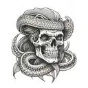 create an illustration of a native Amazonian holding a skull in a wrapped anaconda tattoo design idea