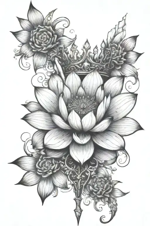 Lotus Flower with crown and dagger going through from top to bottom and dagger blade showing on top tattoo design idea