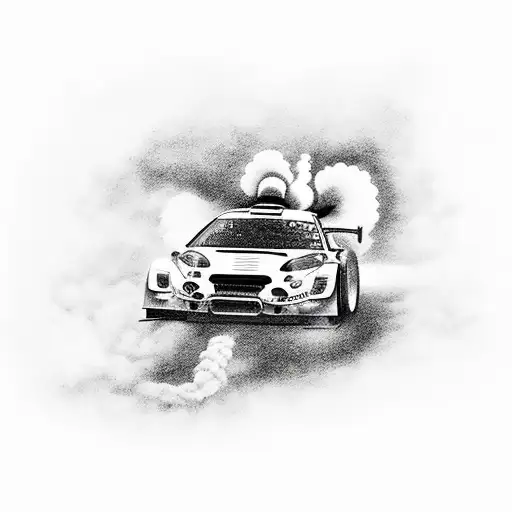 A black and grey tattoo of a rally car drifting around a SPA circuit with smoke billowing from the tires tattoo design idea