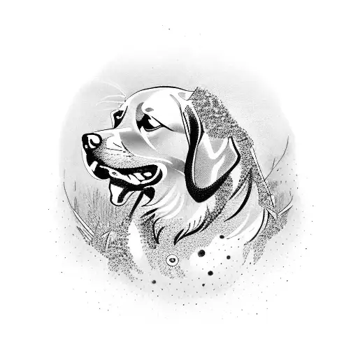 A dotwork tattoo of a golden retriever sitting on top of a rally car, with the SPA circuit in the background tattoo design idea