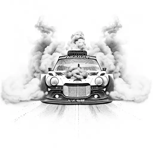 A black and grey tattoo of a rally car drifting around a SPA circuit with smoke billowing from the tires tattoo design idea