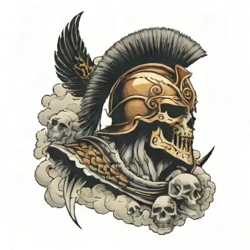 spartan warrior wearing helmet and holding sworn, dead bodies around, clouds resemble a screaming skull   tattoo design idea
