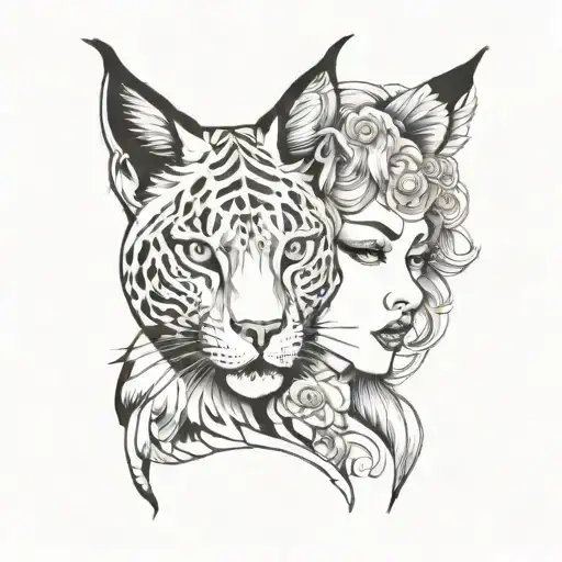 japanese blackwork tattoo sleeve, lynx and woman face tattoo design idea