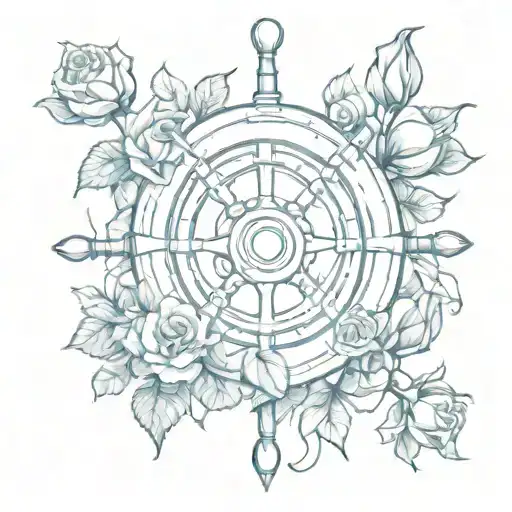 ship wheel blue roses tattoo design idea