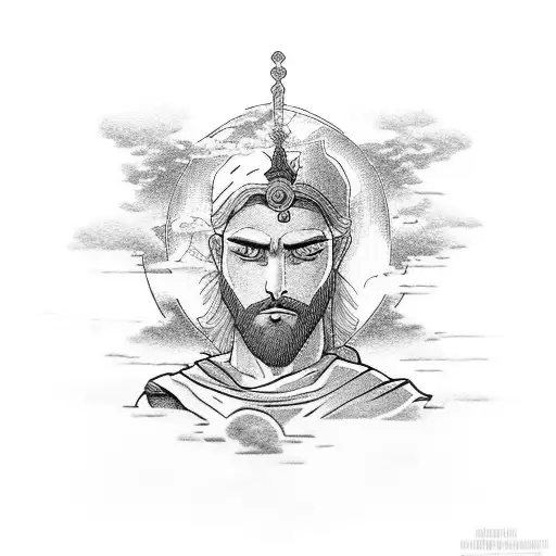 A biblical scene depicted in dotwork style, with manga characters observing in the background tattoo design idea