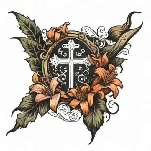 forearm sleeve tattoo with the concept ideas of christianity featuring: lilies, thorn crown, and a cross tattoo design idea