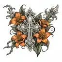 forearm sleeve tattoo with the concept ideas of christianity featuring: lilies, thorn crown, and a cross tattoo design idea