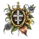 forearm sleeve tattoo with the concept ideas of christianity featuring: lilies, thorn crown, and a cross tattoo design idea