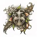 forearm sleeve tattoo with the concept ideas of christianity featuring: lilies, thorn crown, and a cross tattoo design idea