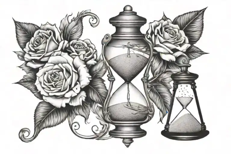 an hourglass in which the sand flows and at the bottom should be the symbol of illumination and be surrounded by a rose tattoo design idea
