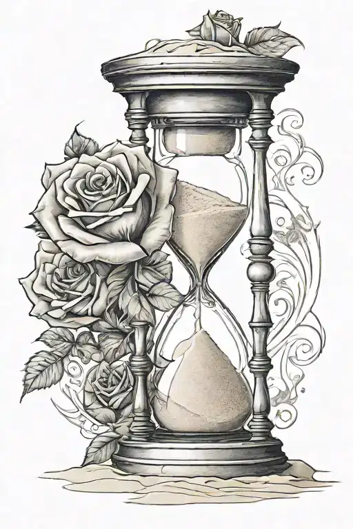 an hourglass in which the sand flows and at the bottom should be the symbol of illumination and be surrounded by a rose tattoo design idea