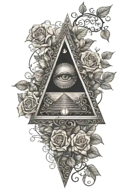 An illuminati pyramid surrounded by intricate rose vines tattoo design idea