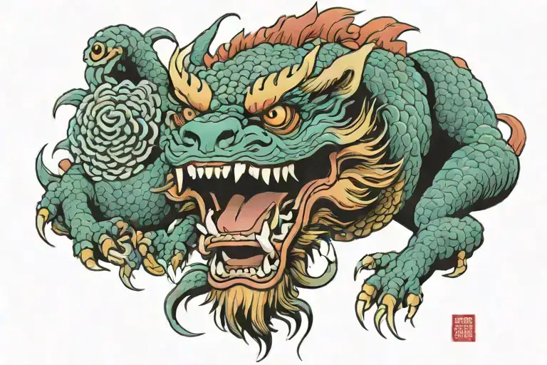 Japanese foo dog tyrannosaurus wearing a Spider tattoo design idea
