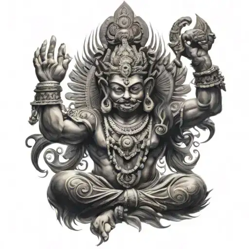 A black-grey tattoo of Kaal Bhairav with intricate details tattoo design idea