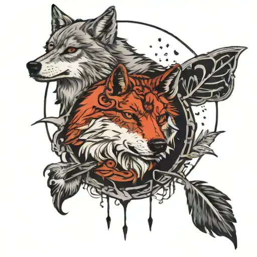 a wolf with a scar on half his face in the shadows under the moon and next to a crow tattoo design idea