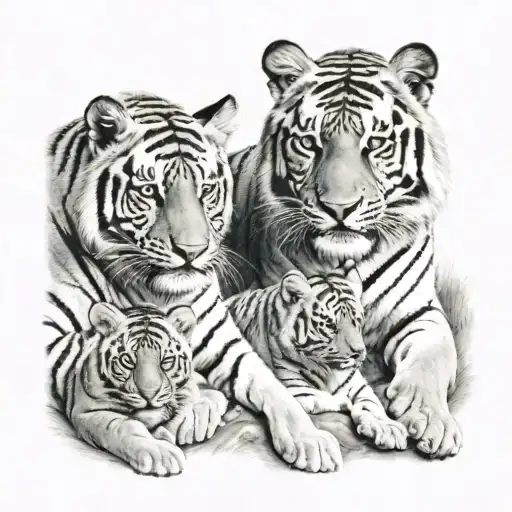 male tiger watching over two tiger cubs playing tattoo design idea