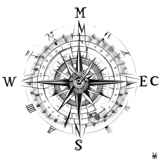 memento mori lettering with a compass and a clock tattoo design idea