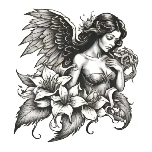 Fallen black angel with black lilies tattoo design idea