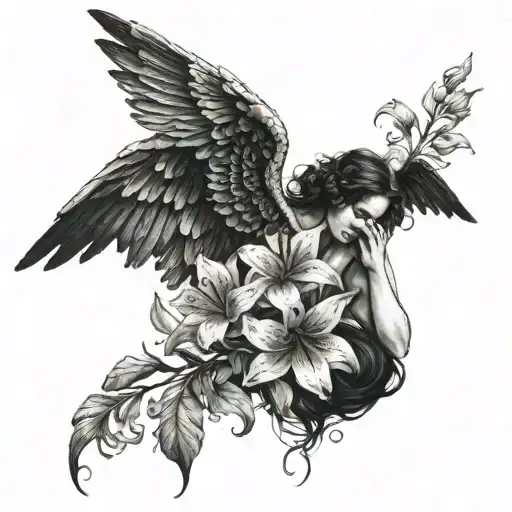 Fallen black angel with black lilies tattoo design idea
