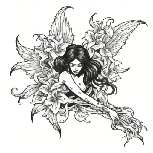 Fallen black angel with black lilies tattoo design idea