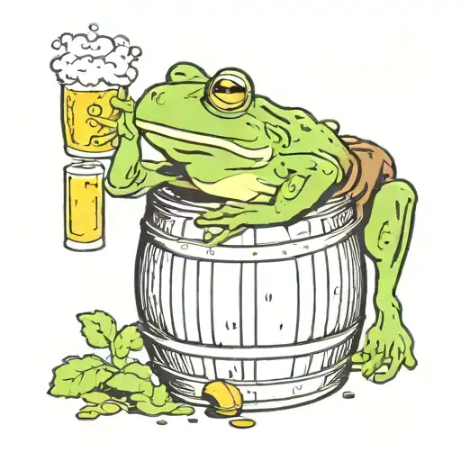 a frog leaning on a barrel drinking a beer tattoo design idea