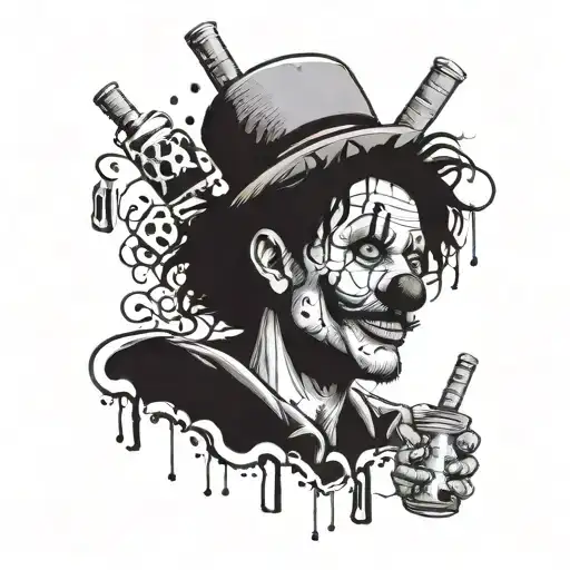 A creepy clown juggling pills and needles, with a background of twisted music notes and party lights, capturing the chaotic lifestyle of a drug addict tattoo design idea
