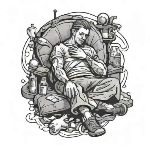 An alternative style design featuring a lonely figure sleeping on a bed of drugs tattoo design idea