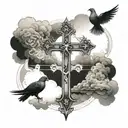 Three crosses surrounded by billowing clouds, with a dove perched atop one of the crosses, creating a powerful chest piece design tattoo design idea