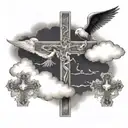 Three crosses surrounded by billowing clouds, with a dove perched atop one of the crosses, creating a powerful chest piece design tattoo design idea