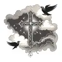 Three crosses surrounded by billowing clouds, with a dove perched atop one of the crosses, creating a powerful chest piece design tattoo design idea