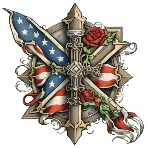battlefield cross  with folded flag tattoo design idea