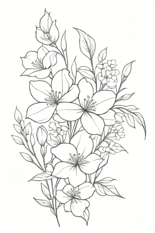 thin black outline birth flower bouquet april september august and june  tattoo design idea