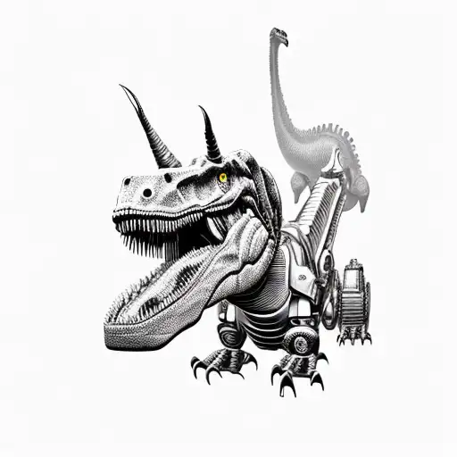 Dinosaur with robotic arms and very big cannon on the back tattoo design idea
