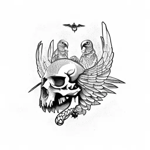  raven perched on a skull that has a snake coming out of its eye socket tattoo design idea