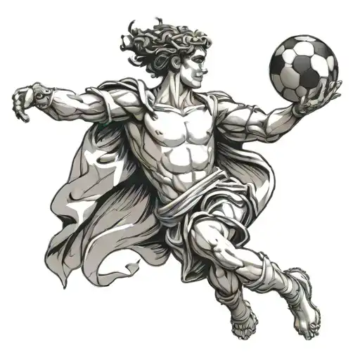 Can you give me a tattoo of Hermes the god of games carrying a soccer ball with both hands? tattoo design idea