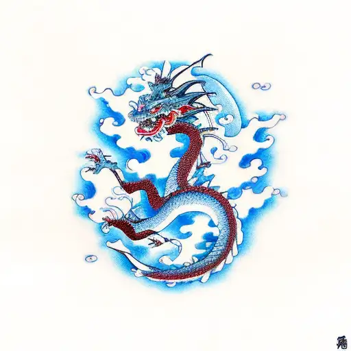 A Japanese-style dragon, a porcelain dragon, blue and crimson clouds. tattoo design idea