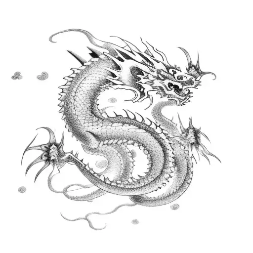 A Japanese-style dragon, a porcelain dragon, blue and crimson clouds. tattoo design idea