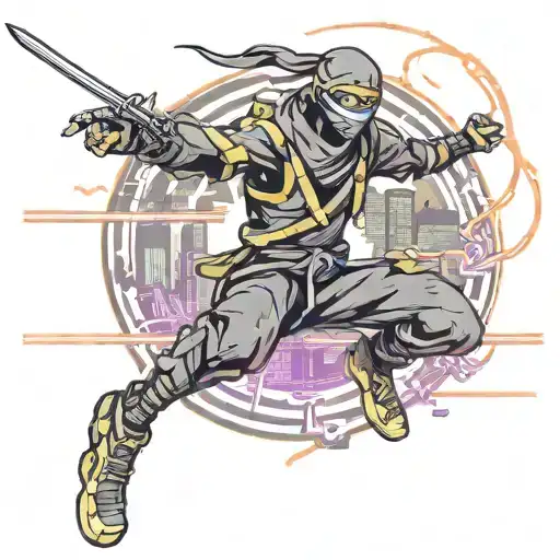 Design a dynamic tattoo depicting a sleek, cybernetically enhanced ninja leaping through a neon-lit urban landscape, wie tattoo design idea