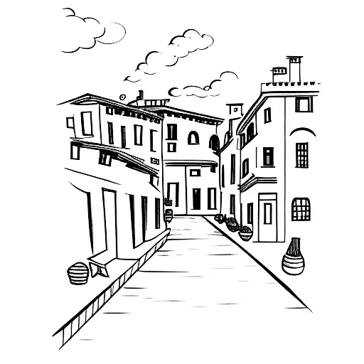 A detailed sketch of Trastevere's charming streets and buildings tattoo design idea