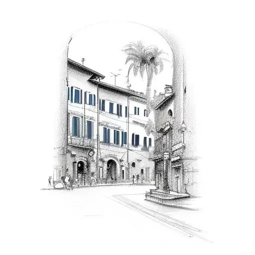 A detailed sketch of Trastevere's charming streets and buildings tattoo design idea